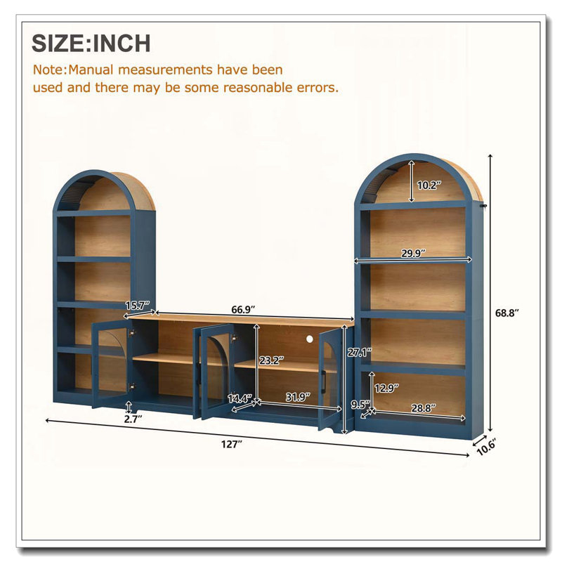 Ensemble de meuble télé 3 pièces avec bibliothèque pour téléviseur de 70 po ou moins, Bleu