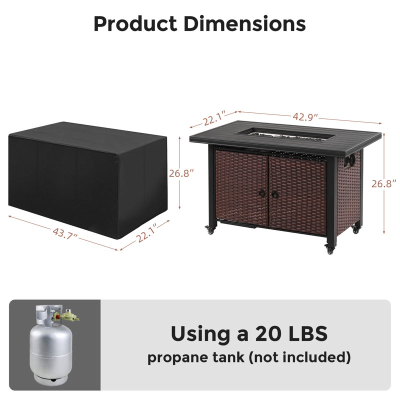 43" Aluminum Propane Gas Fire Pit Table, 60000 Btu Rattan Fire Pit With Lid, Waterproof Cover, Large Storage Space And Lockable Wheels without Windproof Glass