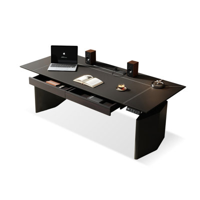  Black Rectangular Height-adjustable Barenia Leather with 2 Drawers Desk