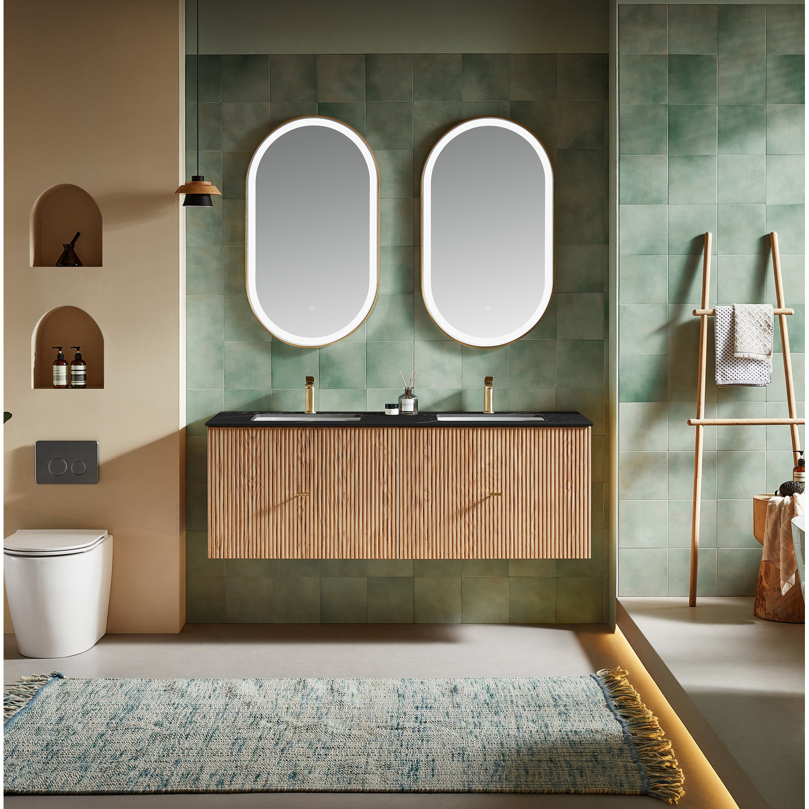 Jamell 60'' Double Bathroom Vanity, Natural Oak, Black