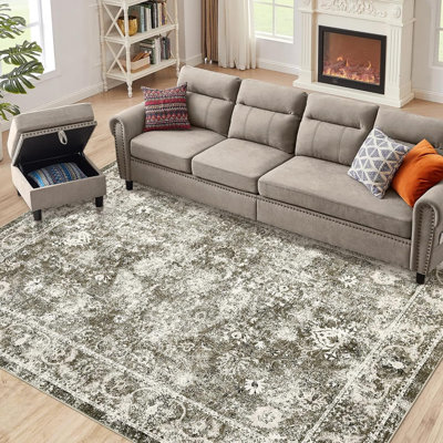 Tapis floral 5 x 7 pi Boho, antidérapant, lavable, résistant aux taches et à poils courts pour salon / chambre à coucher / cuisine (gris clair)