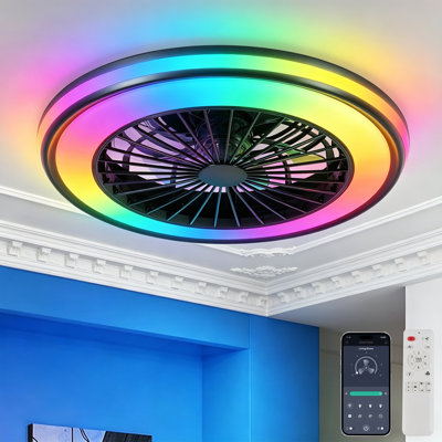 20" Metal RGB Ceiling Fan Light, Stepless Dimmable 3000K-6000K CCT & 6 Wind Speeds With Remote, Reversible Motor For Living Room Bedroom Office