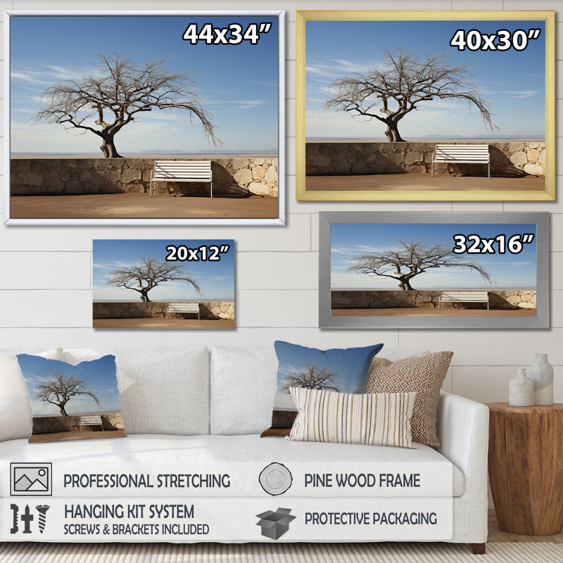 " Mimalism Bench Under A Tree Scenery ", 16" H x 32" W x 1" D, Natural Floater Framed