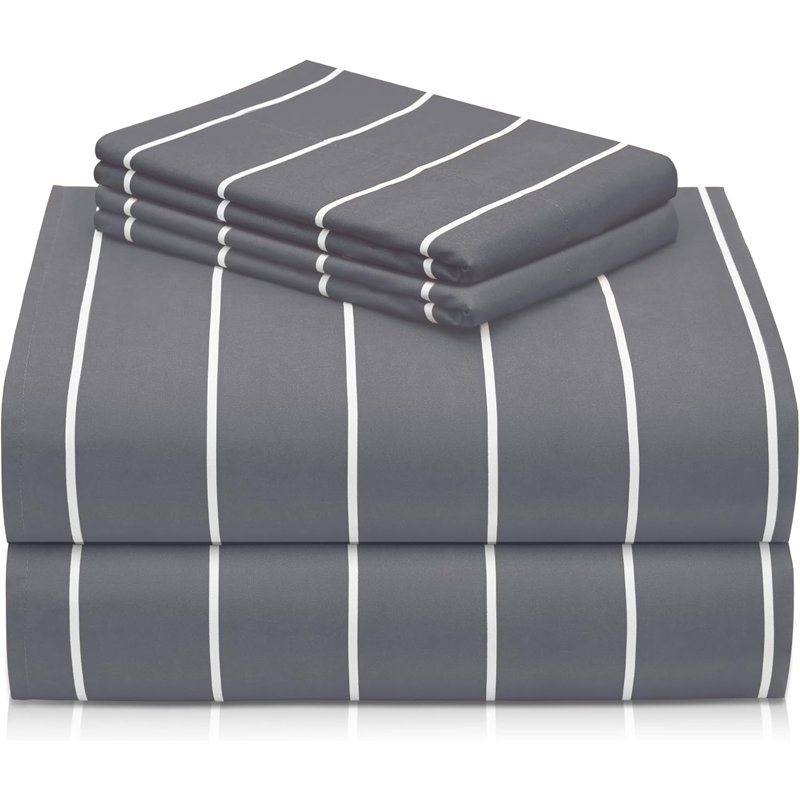 Luxclub 4 PC Light Gray Striped California King Silky Soft Cooling Extra Deep Pocket Performance Sheet Set