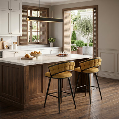 Set of 2 Modern Upholstered Counter Stools, 360° Swivel Barstools with Tufted Curved Backrest and Metal Frame