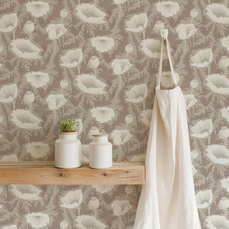 Poppy Bloom - Floral Wallpaper, Non-Pasted, Paper, Earthen Taupe