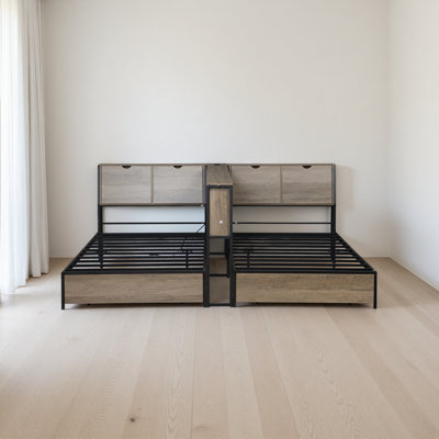 2 x Twin Size Bed Frame with Storage Bookcase Divider and LED Lights,Double Twin Bed with 2 Large Drawers and Headboard Storage, Metal Platform Bed fo