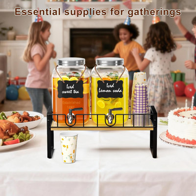 Lot de 2 distributeurs de boissons en verre de 3,8 litres avec robinet, support en bambou pour l'extérieur, idéal pour les fêtes. Distributeurs de limonade avec bac à glaçons intégré.