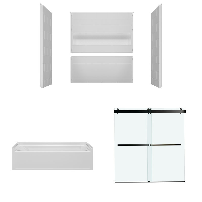 WOODBRIDGE 60" x 32" Alcove Soaking Bathtub & 4-Piece Direct-to-Stud Surround with Right Drain & 57.5–60" Frameless Double Sliding Tub Door with Soft-Close, Clear Tempered Glass, Matte Black