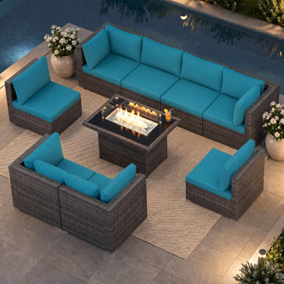 Ensemble de conversation de patio en osier 9 pièces avec table de foyer rectangulaire modulaire, double combustible, 60 000 BTU