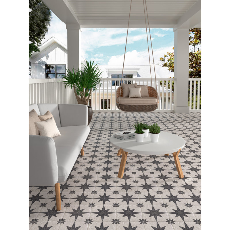 Carreau à motif de mur et de sol à motif boussole 8 po x 8 po Tulum, Blanc / noir