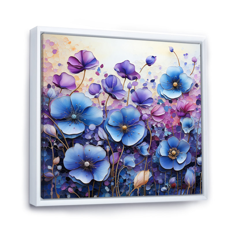 «Blue Purple Pansies Field Pointillism Dot», reproduction sur toile, H 36 po x l 36 po x P 1,5 po, Cadre flottant blanc