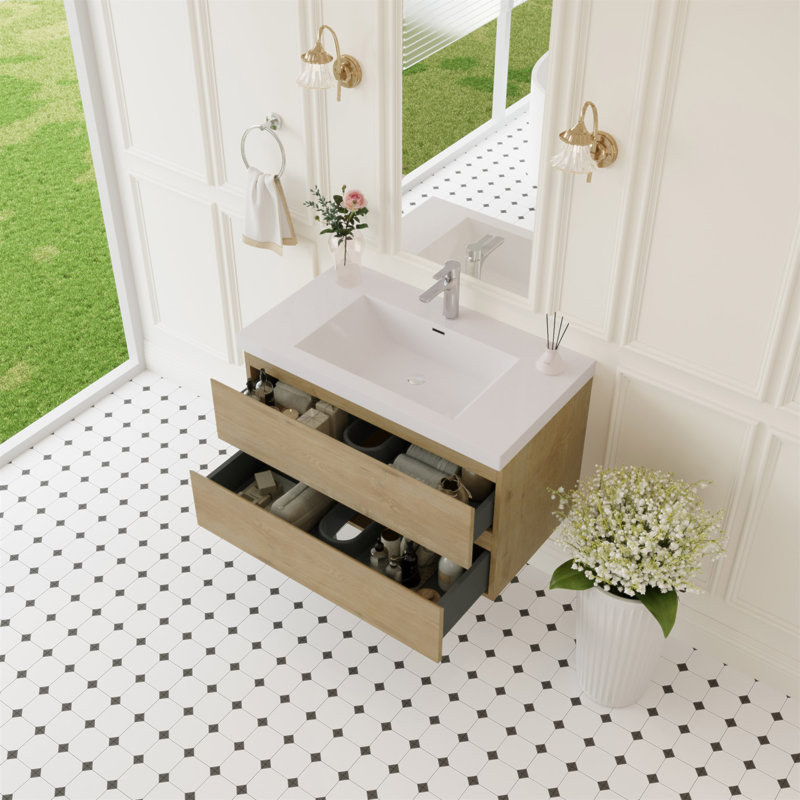 Meuble-lavabo flottant de 36 pouces avec lavabo, armoire de rangement murale, lavabo en résine et tiroirs à fermeture en douceur pour salle de bain moderne