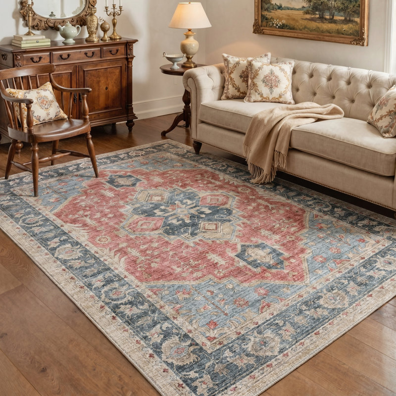 Marrakesh Vintage Floral Machine Washable Blue / Red Indoor Area Rug with Non-Slip Backing, Round 5'