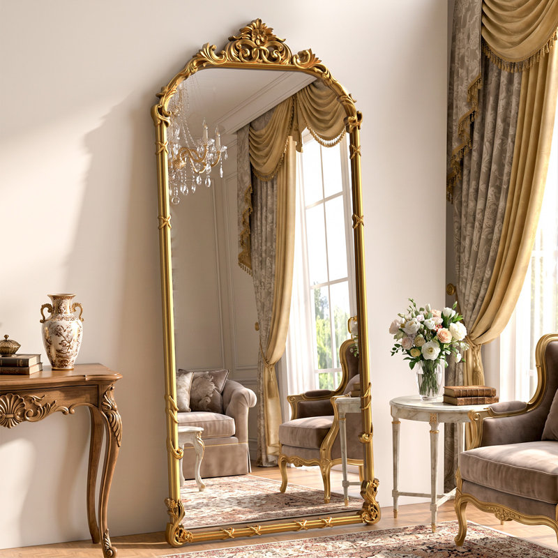 Miroir pleine grandeur sculpté arqué en polyuréthane, 32 po x 71 po, Or antique