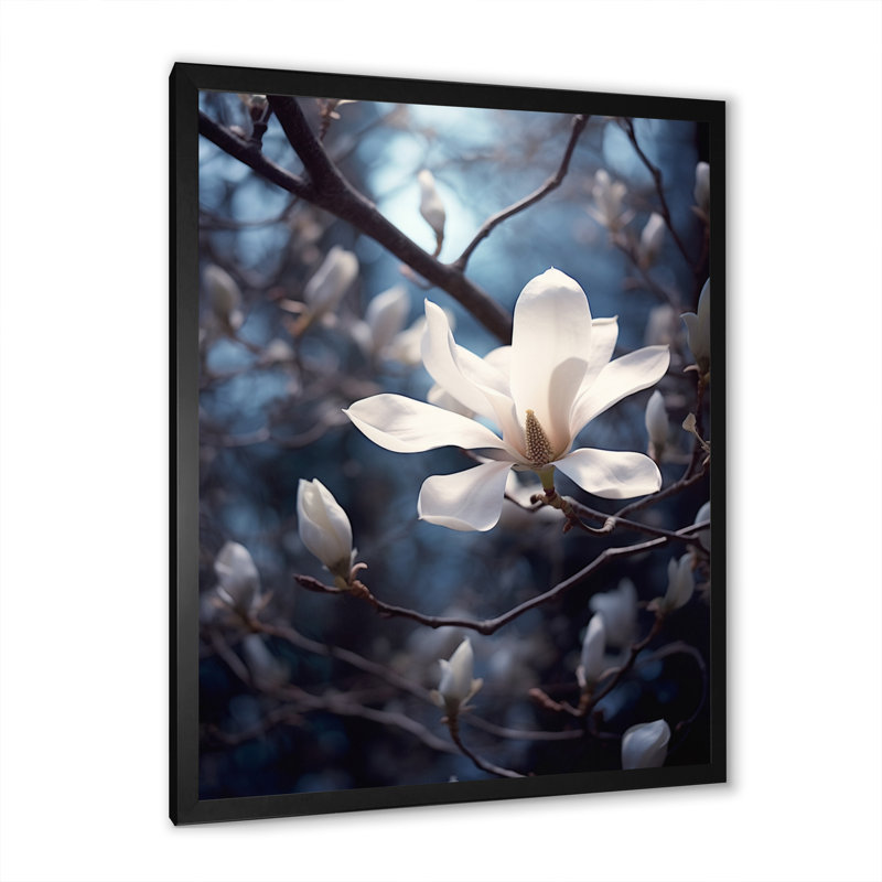 Blanc, bleu, magnolia, paysage, élégance, H 32 po x l 16 po x P 1 po, Cadre simple noir