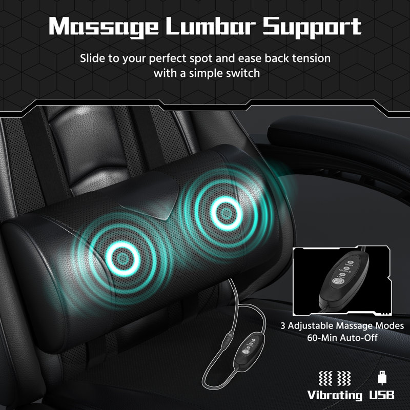 Ergonomic Gaming Chair with Massage Lumbar Pillow, Black