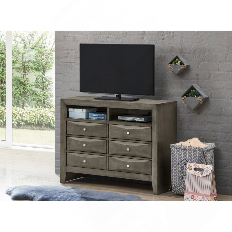 Commode média moderne grise avec tiroirs biseautés en résine durable et placages en bois véritable pour un rangement amélioré