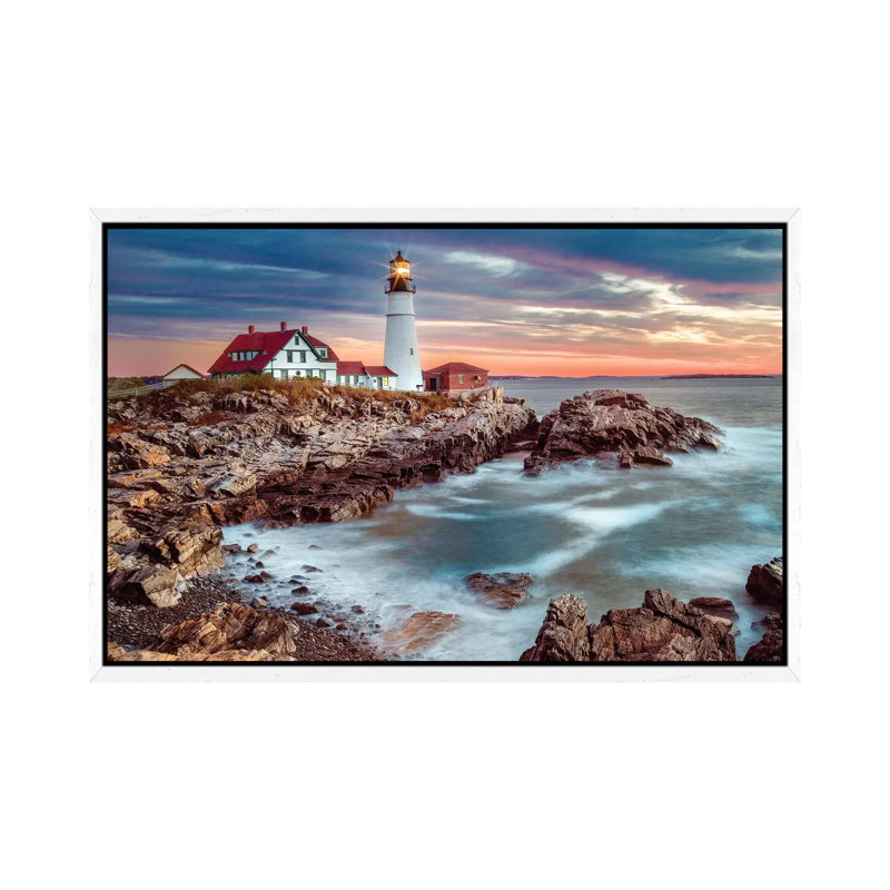 Cape Elizabeth Stormy Sunrise, Portland Maine New England by Susanne Kremer - Print on Canvas, White Framed
