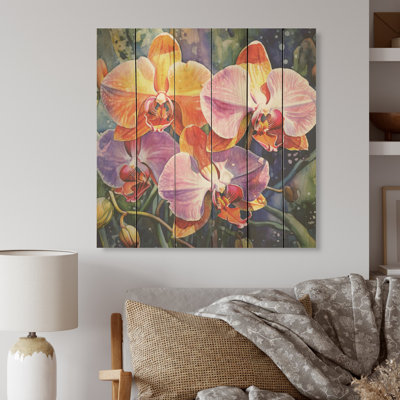 Belles orchidées rêveuses colorées I - art en bois d'orchidées sur bois de pin naturel