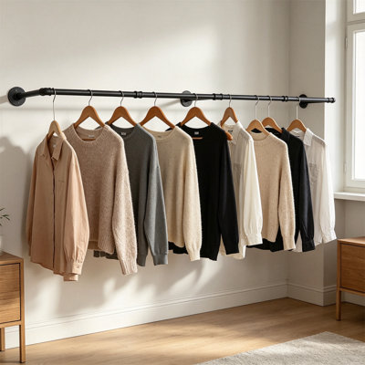 Industrial Pipe Clothes Rack Wall Mount for Laundry Room, Closet Rod and Plant Hanger, Black