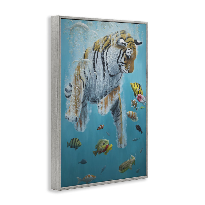 Swimming Tiger Among Fish Framed Giclee, design by Heather Gauthier, Farmhouse Gray Framed Giclee, 18" H x 12" W