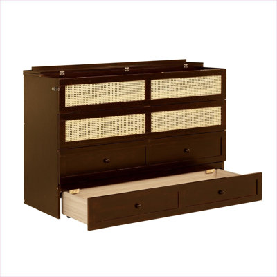 Rich Brown Queen Size Murphy Cabinet Bed, Rattan Accent Solid Pine Wood Frame with Storage Drawer for Small Guest Rooms