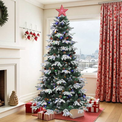 7.5 Ft Prelit Flocked Tiered Christmas Tree with Adjustable Lighting and Pinecones