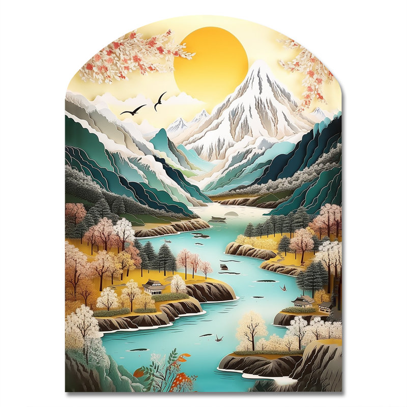 «Snow Covered Mountain Peaks I - Arch Landscape Japon», reproduction d'art asymétrique en métal, H 34 po x l 25 po