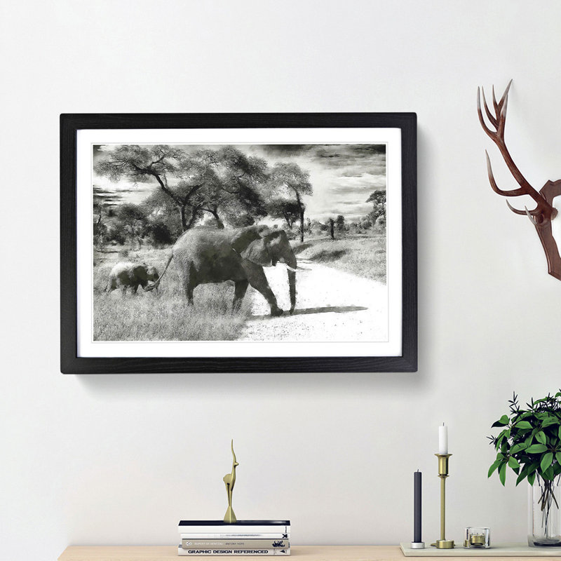 Mother and Baby Elephant Strolling - Picture Frame Photograph Print, 24cm H x 33cm W x 2cm D, Black Framed