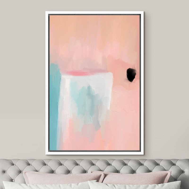 Abstrait coloré, "Collage aquarelle rose bleu", Blanc, H 36 po x l 24 po