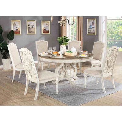 Table de salle à manger rustique de 7 pièces: table ronde et 6 sièges rembourrés, couleur blanc antique, structure en bois massif, chaises en tissu piédestal, finition, base, boiseries complexes