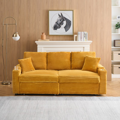Canapé coulissant 80 po deux-en-un, fonction inclinable pliable et cachée, tissu en velours côtelé, équipé d'un porte-gobelet et d'un oreiller, s'adaptant facilement à l'espace du salon.