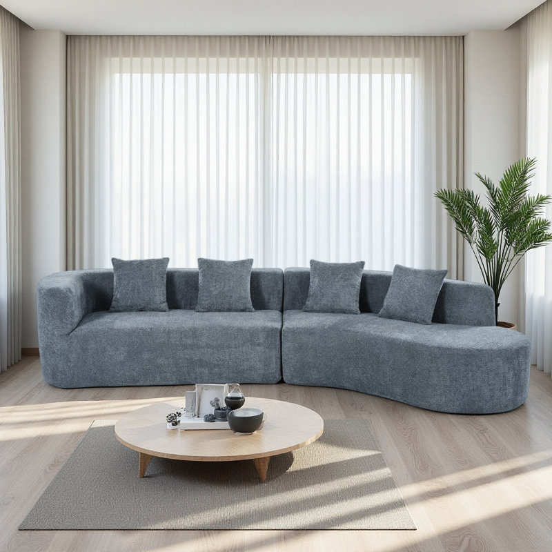 Canapé modulaire de 132 po au design incurvé, canapé modulaire en chenille 2 pièces avec 4 coussins, éponge moelleuse et coussin à ressorts, grand canapé modulaire en éponge pour le salon