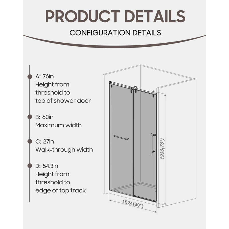 Portes de douche sans cadre de 60 po de largeur x 76 po de hauteur avec verre trempé transparent de 5/16 po (8 mm), grand rouleau en acier inoxydable brossé au nickel 304, barre d’eau en nickel nickelé inversé de gauche à droite