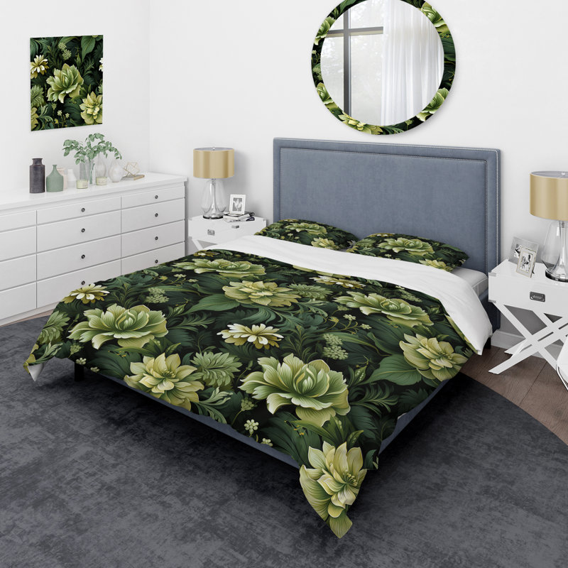 Ensemble de housse de couette Tropical Green Jungle Damask IV, Housse de couette simple + 1 taie décorative stan