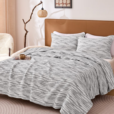 SLEEP ZONE Dark Gray Striped Jacquard Quilt Set, King, 3-Piece, Reversible Lightweight Bedspread Coverlet, All Season Soft Breathable, 106x96, Dark Gray