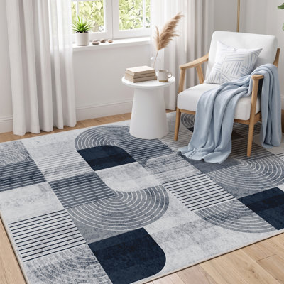Tapis lavable de 152 x 213 cm pour salon, antidérapant, style bohème moderne