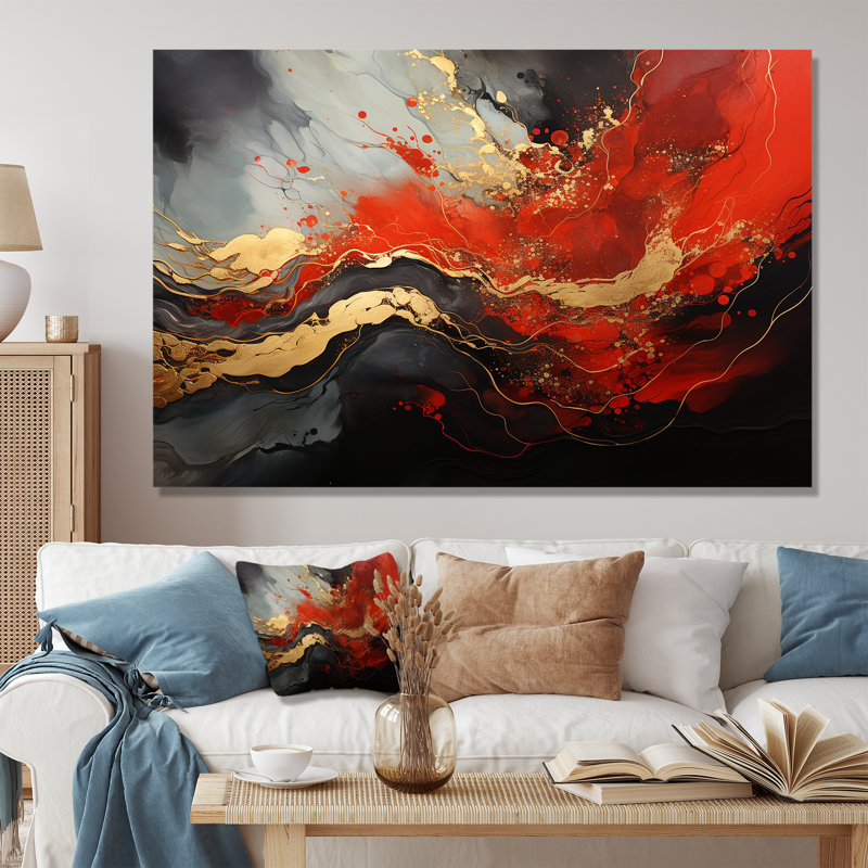 Rouge et feu de marbre doré I - art abstrait sur toile, Toile tendue, H 40 po x l 60 po x P 1,5 po