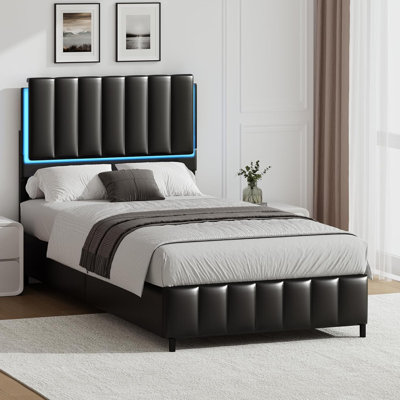Structure de lit tapissier avec lumières DEL, lit plateforme en similicuir