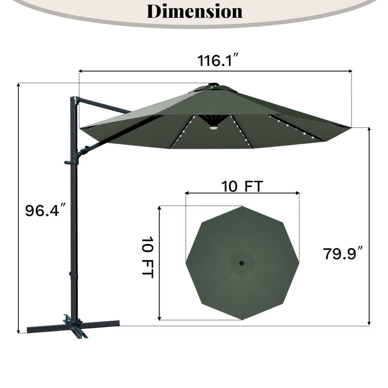 Parasol en porte-à-faux 116,1 po x 116,1 po, H 96,4 po x l 116,1 po x P 116,1 po, Gris