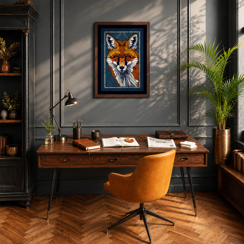 Geometric Fox Icon Art Deco - Framed Print, Walnut, A4 - 29.7 x 21.0 cm