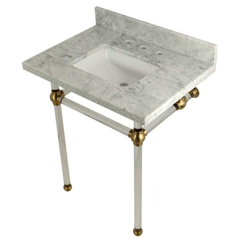 Kingston Brass Templeton 30-Inch Carrara Marble Vanity Top with Clear Acrylic Legs (8-Inch, 3-Hole), Satin Brass