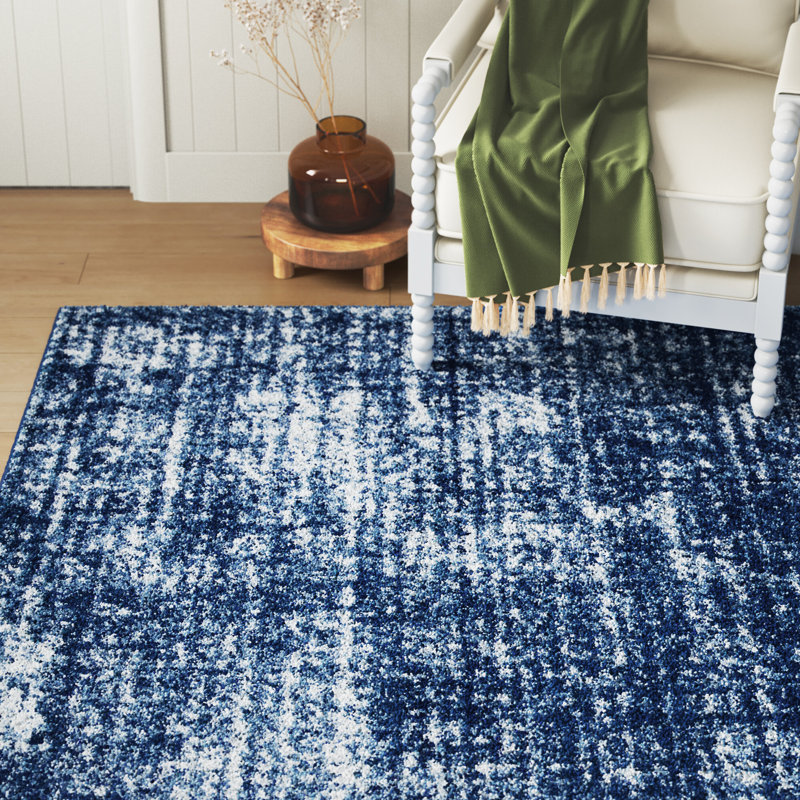 Tapis bleu marine / ivoire, Rectangulaire 4 pi 5 po x 6 pi 5 po
