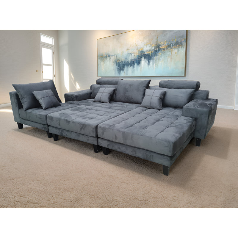 Upholstered L-Shaped Sectional, Right Hand Facing, Gray Microfiber/Microsuede