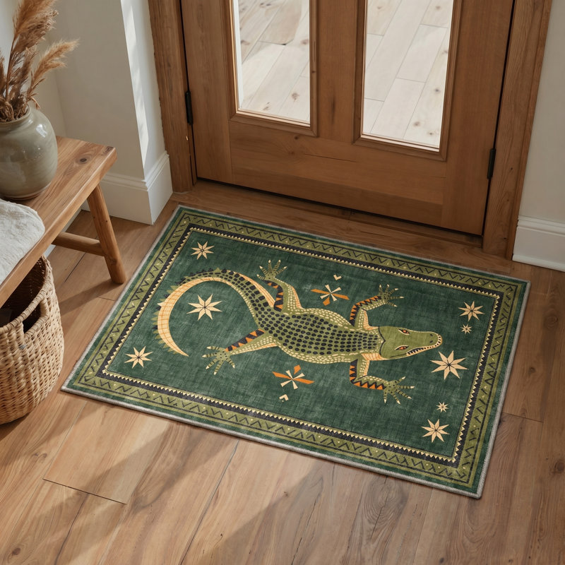Reptilia Animal Print Machine Washable Green Indoor Area Rug with Non-Slip Backing, Rectangle 6' x 9'