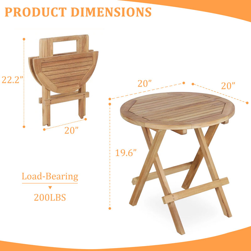Solid Teak Round Folding Side Table - Indoor & Outdoor Patio End Table