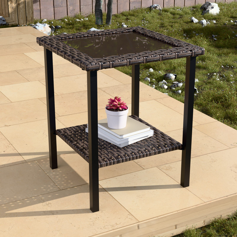 Outdoor Patio Brown PE Wicker Square Side Table with Built-in Glass & Shelf Storage