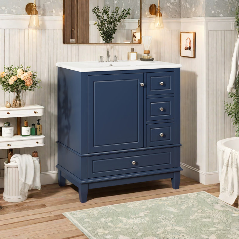 Meuble-lavabo bleu 30 po avec lavabo - Armoire autoportante en bois massif avec plateau en céramique, portes et tiroirs à fermeture en douceur, rangement spacieux, conception moderne peu encombrante