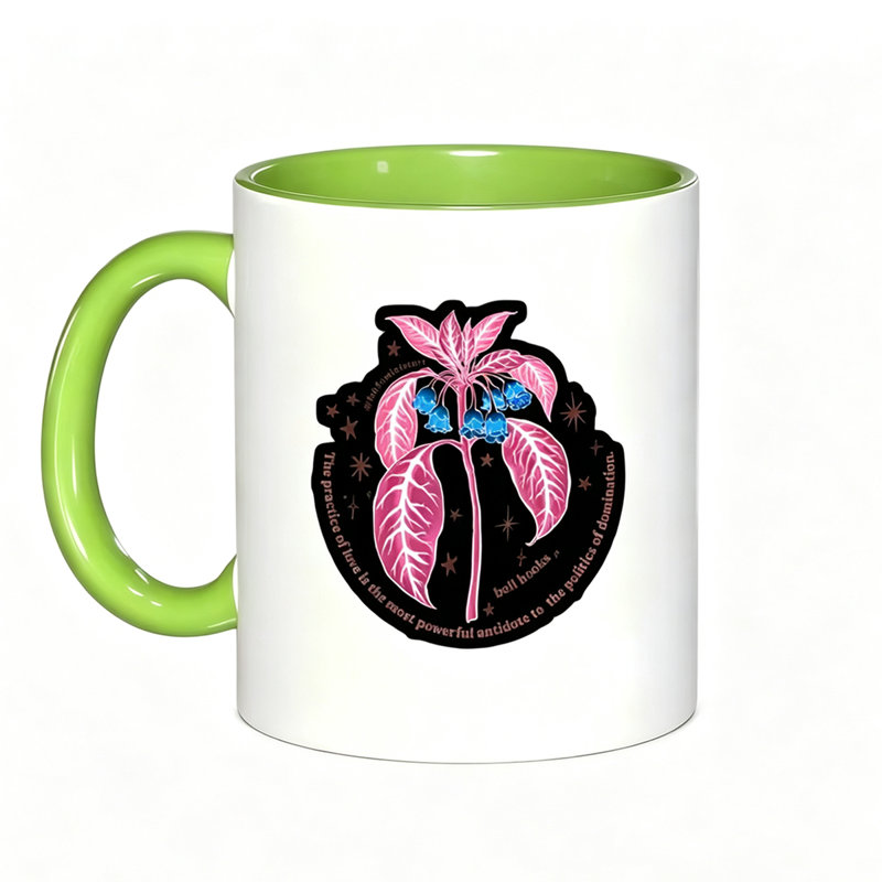Botanical Floral Star Mug - Vibrant Green Plant with Orange Flowers And Stars Design, Ceramic Coffee Cup for Office Home Daily Use.